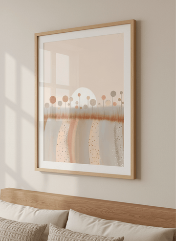 Minimalist artwork displayed in a calm, light-filled bedroom interior