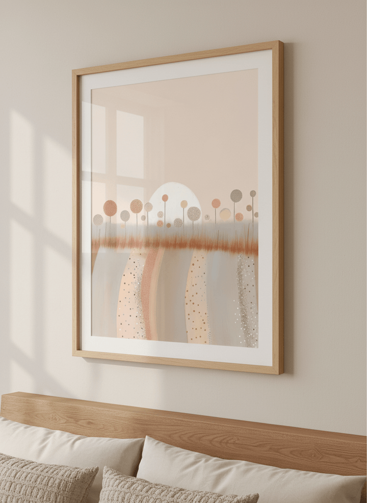 Minimalist artwork displayed in a calm, light-filled bedroom interior