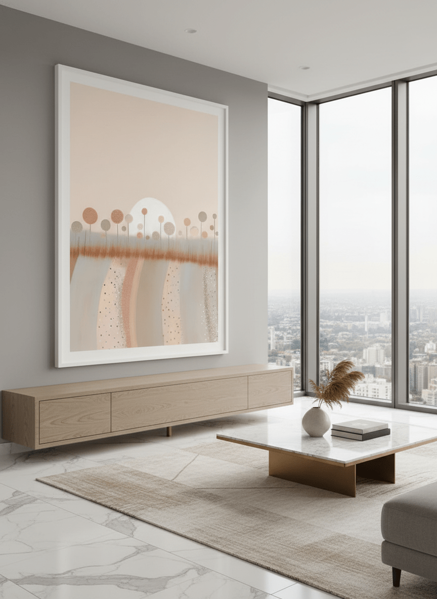 Monumental artwork centred on a feature wall in a luxe interior