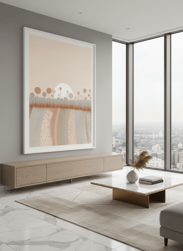Monumental artwork centred on a feature wall in a luxe interior