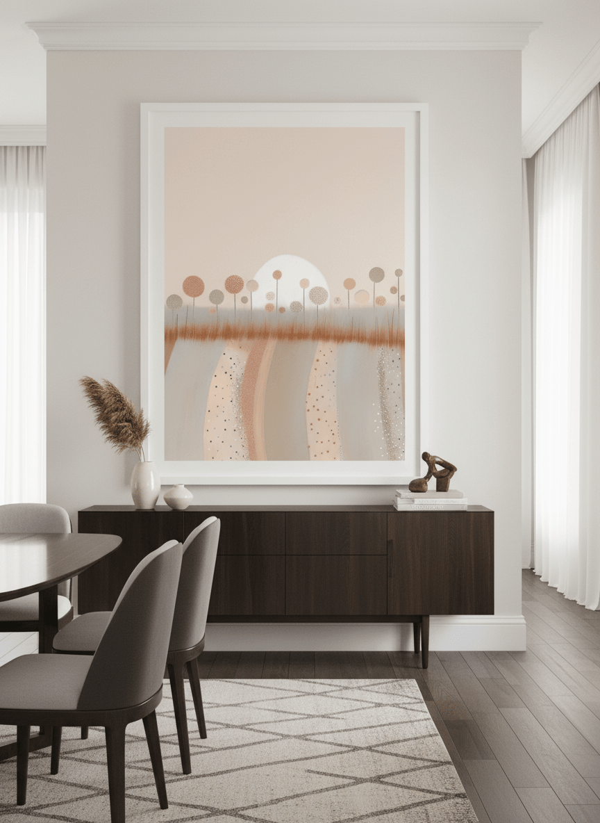 Monumental artwork centred on a feature wall in a luxe interior