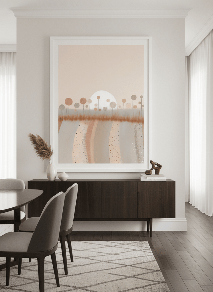 Monumental artwork centred on a feature wall in a luxe interior