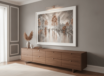 Monumental artwork centred on a feature wall in a luxe interior