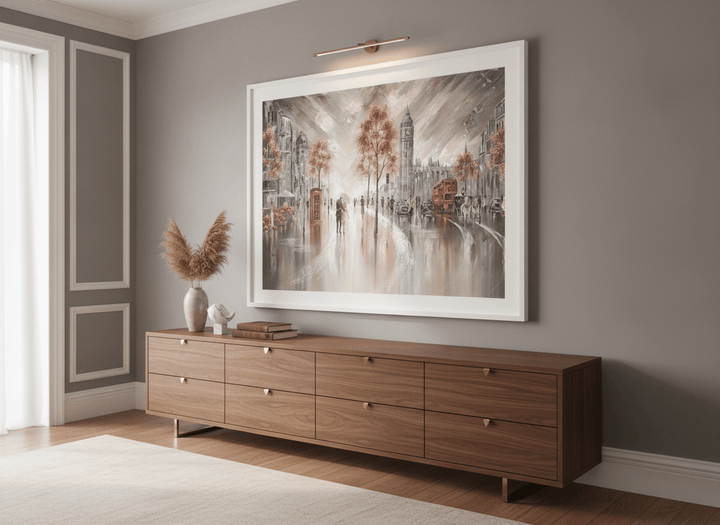 Monumental artwork centred on a feature wall in a luxe interior