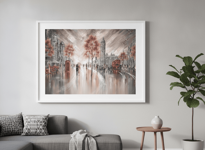 Modern wall art styled above a sofa in a neutral living room