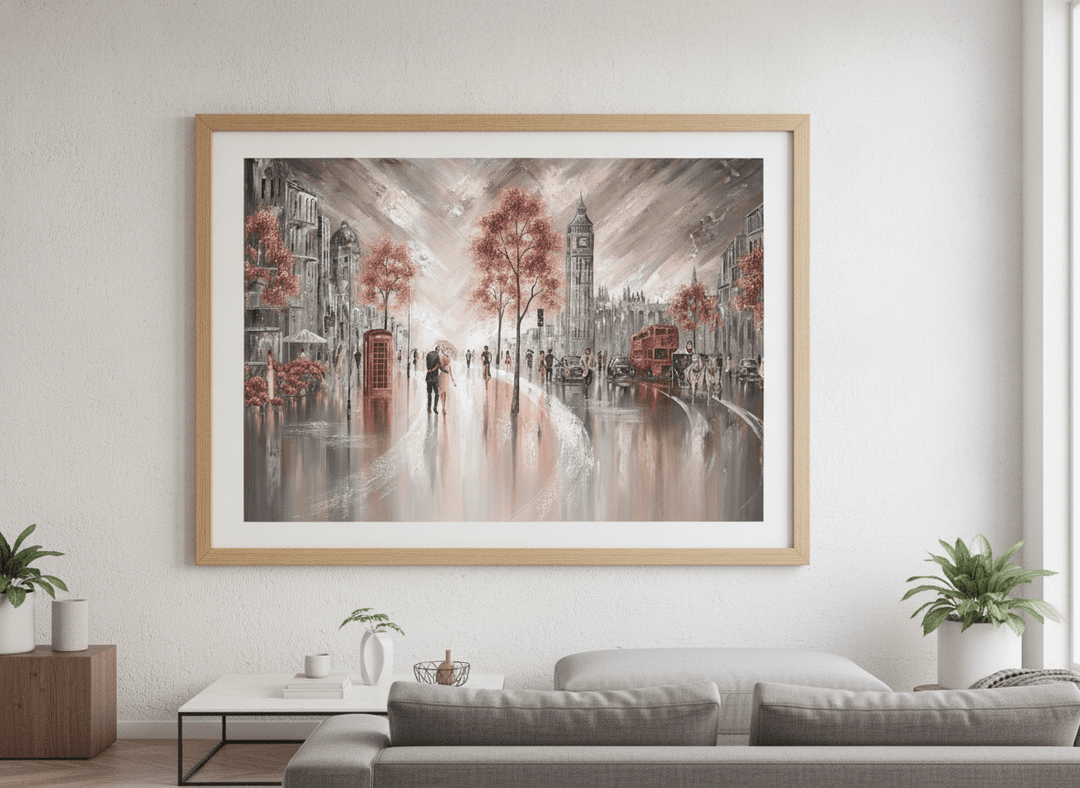 Modern wall art styled above a sofa in a neutral living room