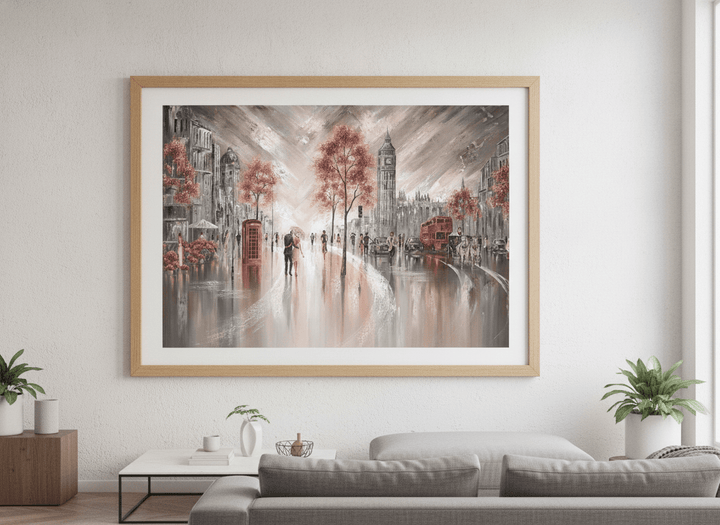 Modern wall art styled above a sofa in a neutral living room