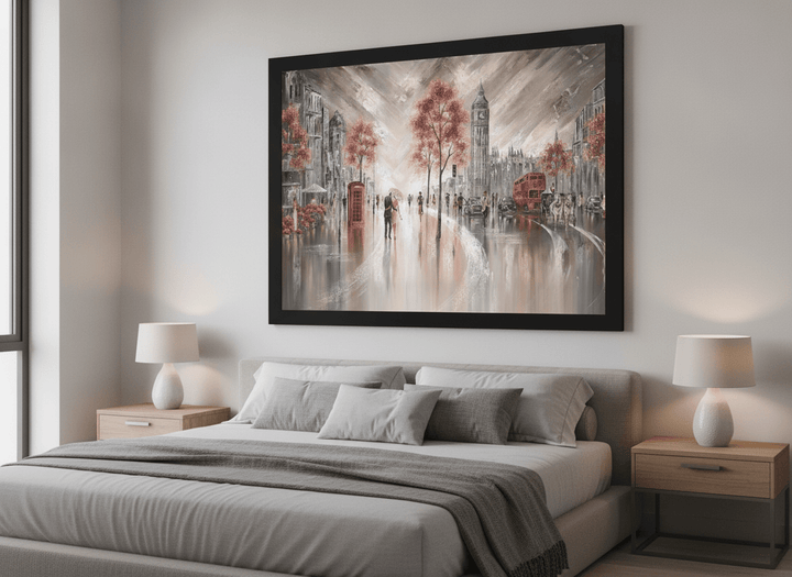 Minimalist artwork displayed in a calm, light-filled bedroom interior