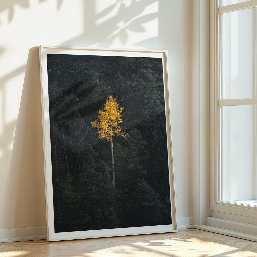 artwork of a tree against a dark background in a room with sunlight filtering through a window.