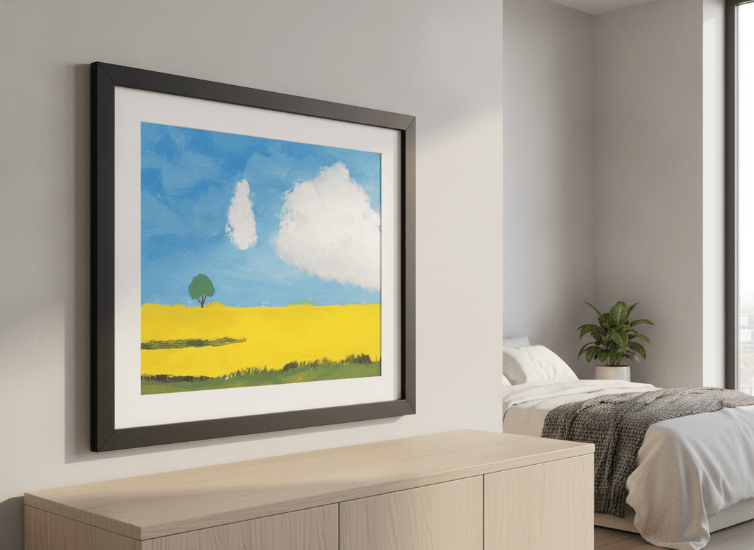 Minimalist artwork displayed in a calm, light-filled bedroom interior