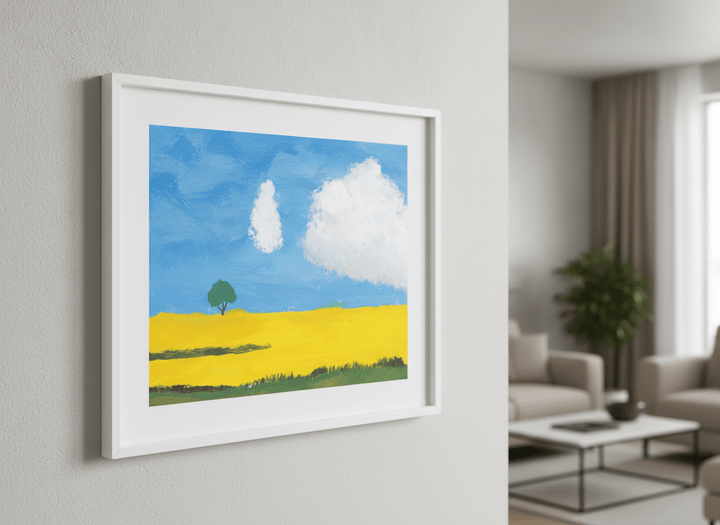 Modern wall art styled above a sofa in a neutral living room