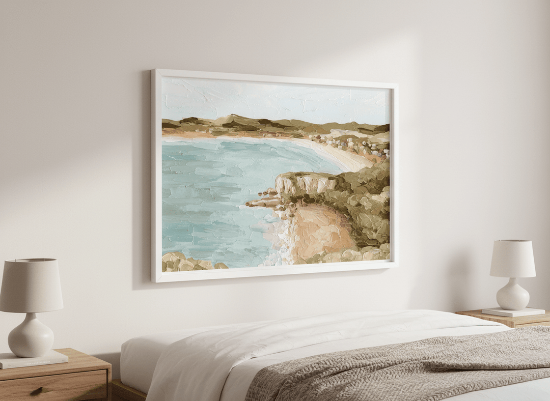 Minimalist artwork displayed in a calm, light-filled bedroom interior