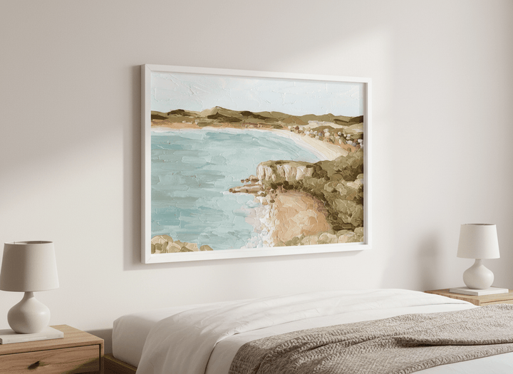 Minimalist artwork displayed in a calm, light-filled bedroom interior