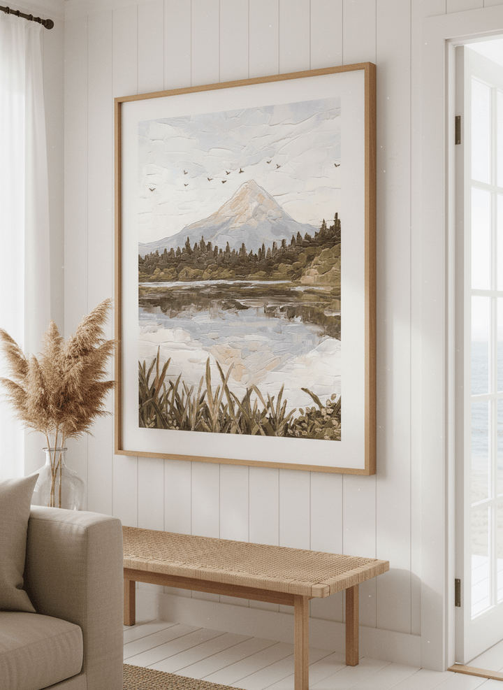 Neutral wall art displayed in a sunny coastal beach house