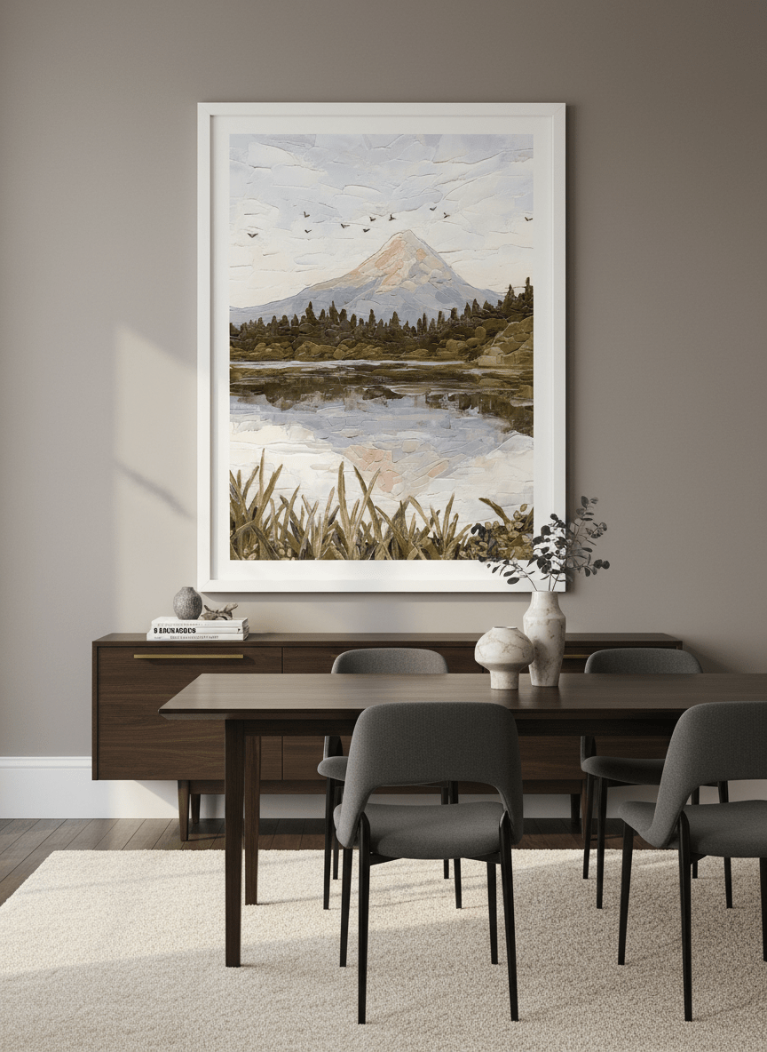Monumental artwork centred on a feature wall in a luxe interior