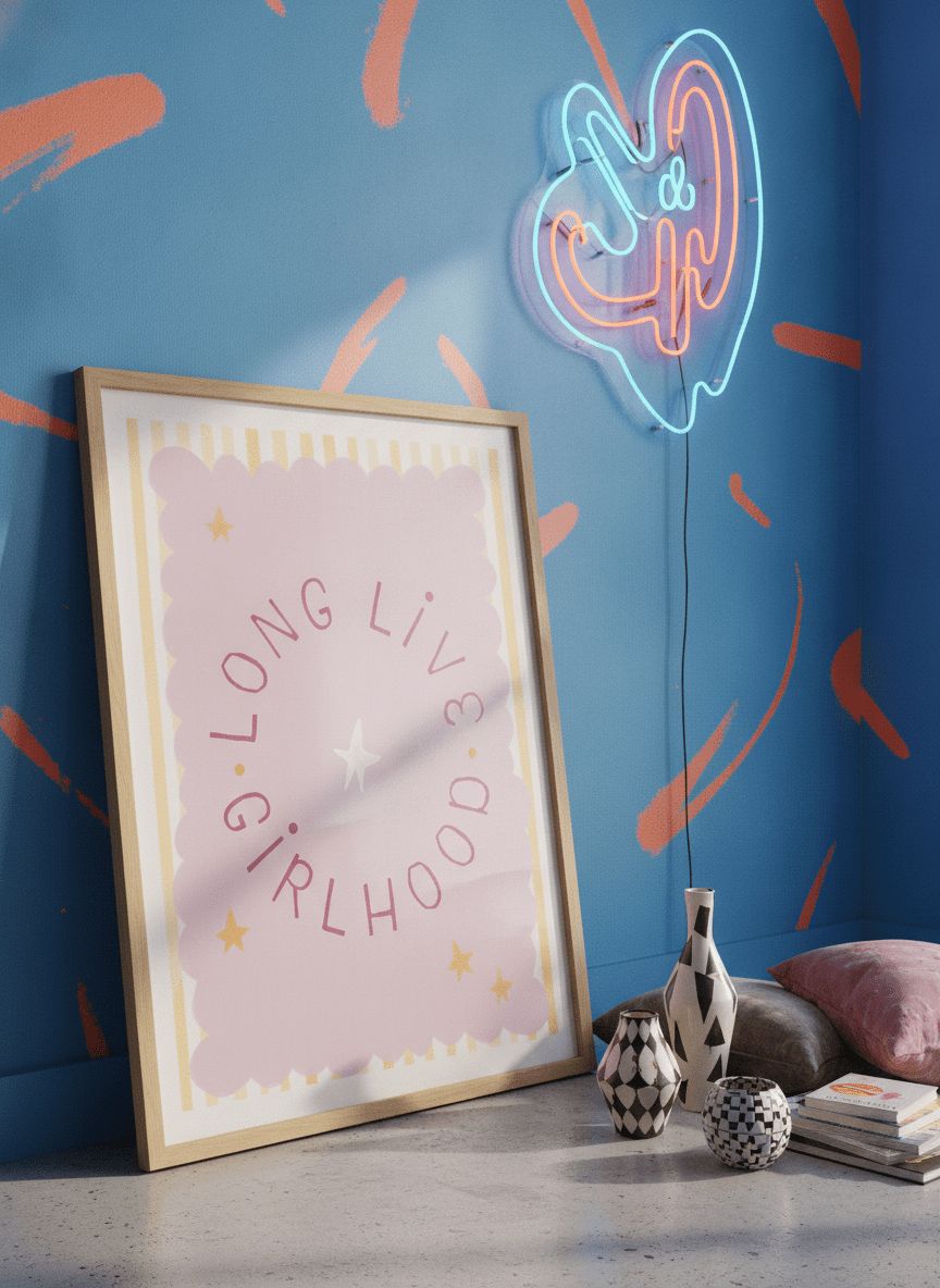 Bold wall art styled in a colourful, eclectic modern home