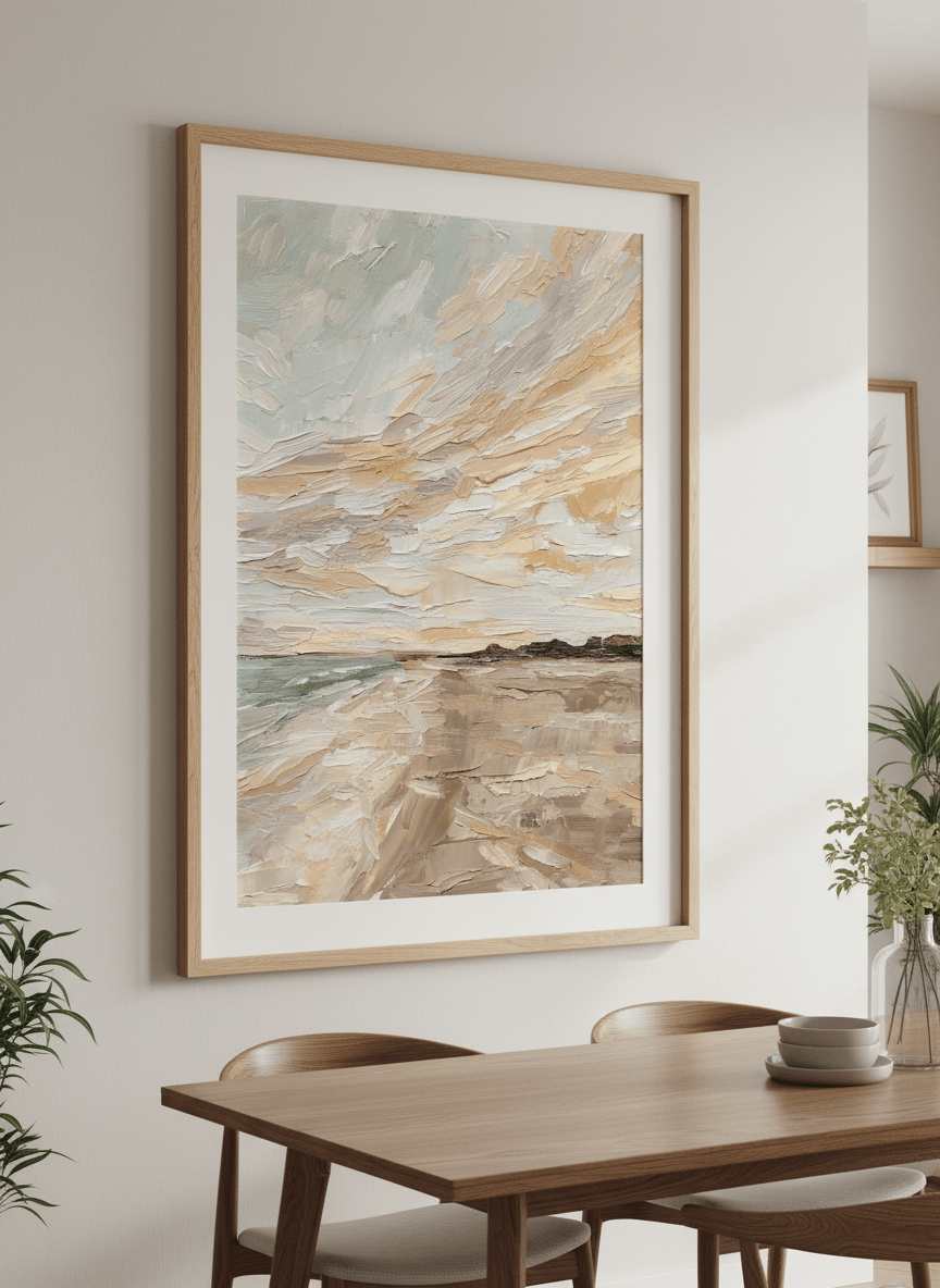 Wall art styled above a dining table in a contemporary home