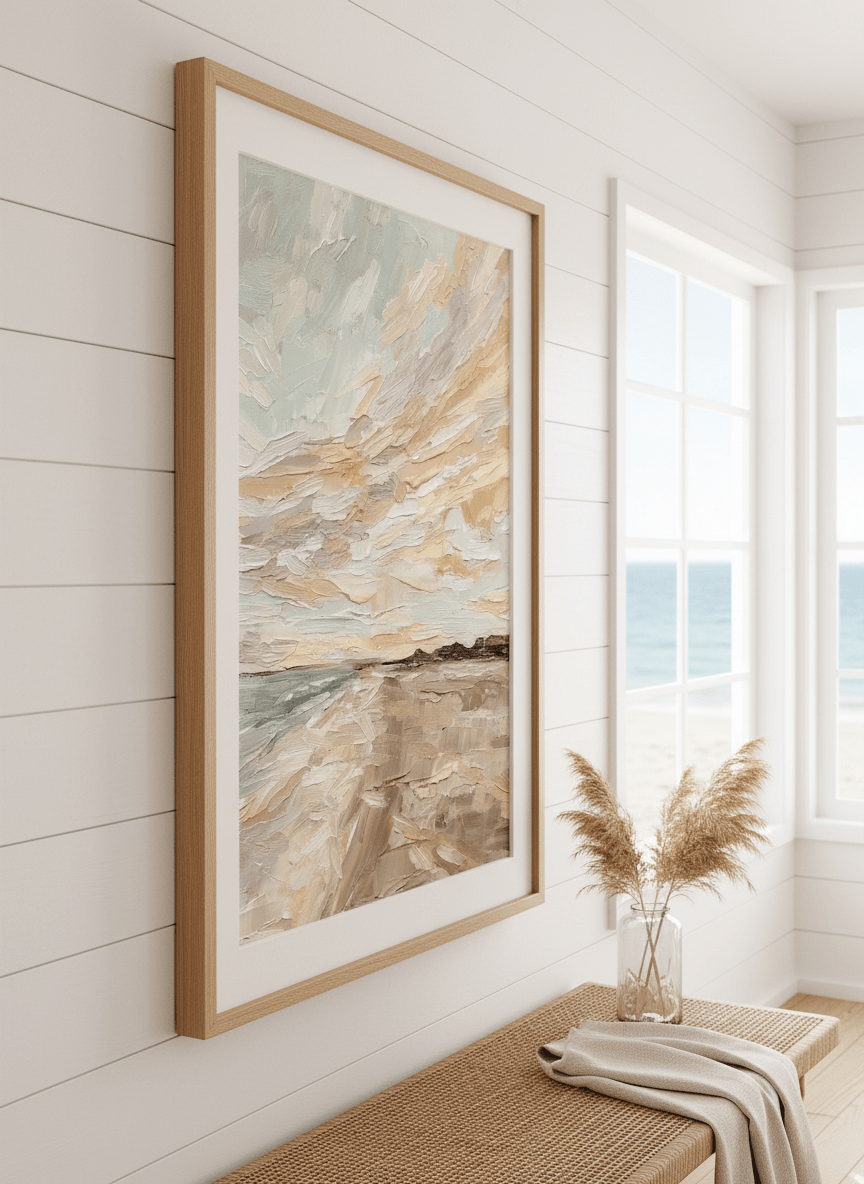 Neutral wall art displayed in a sunny coastal beach house