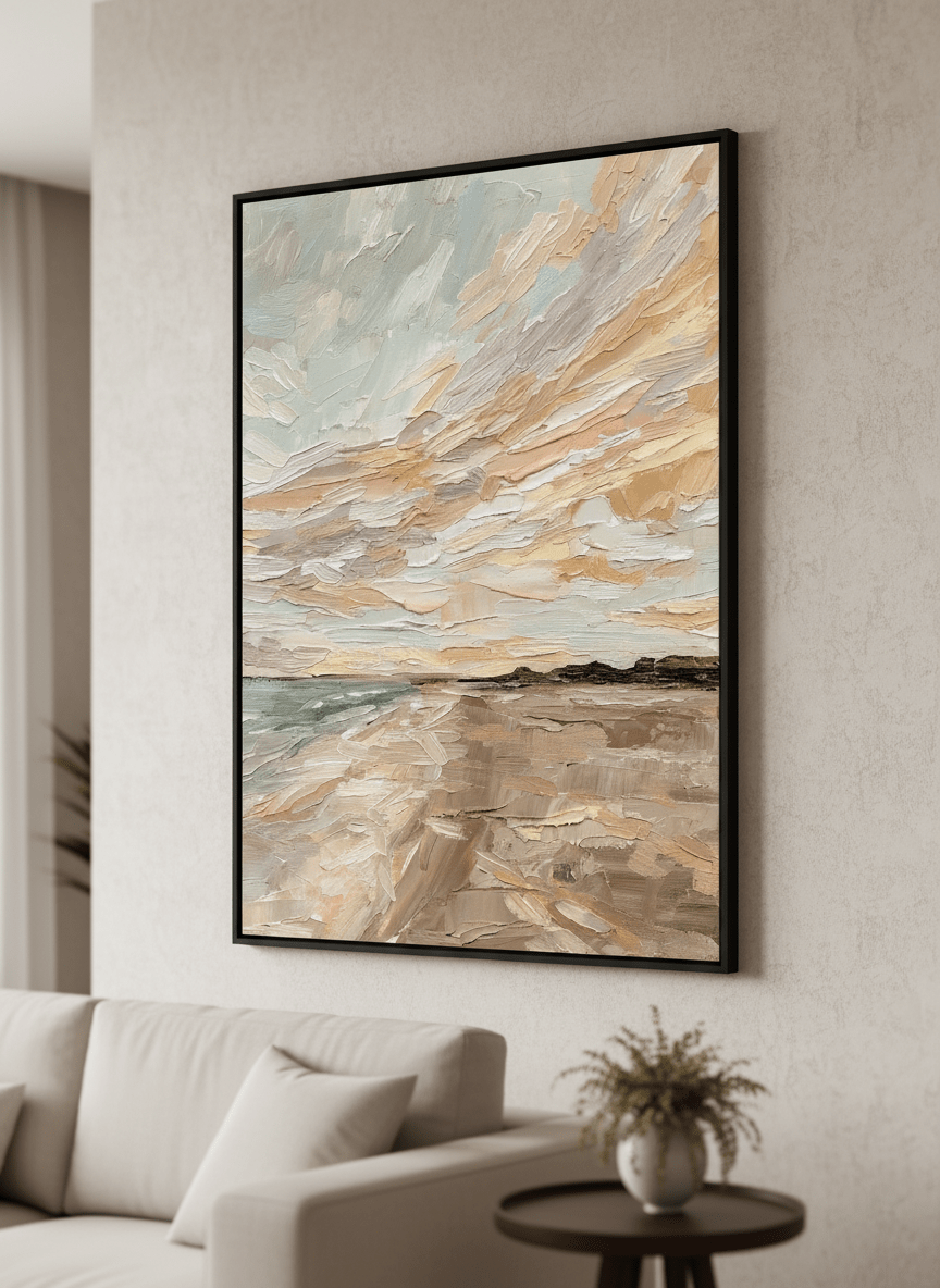 Modern wall art styled above a sofa in a neutral living room