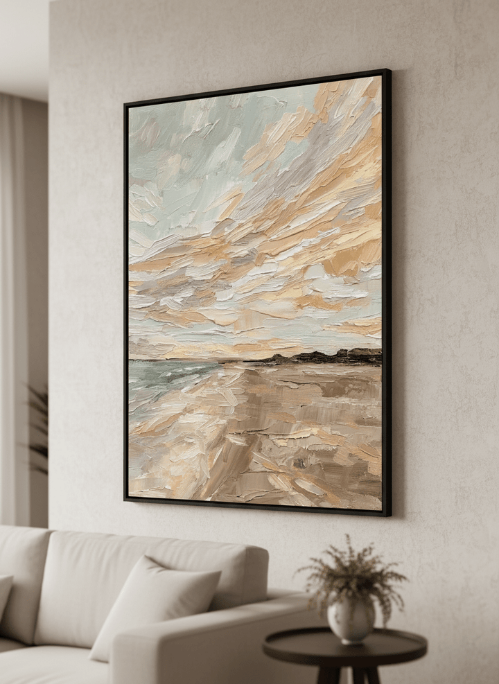 Modern wall art styled above a sofa in a neutral living room