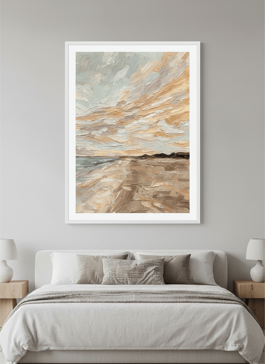 Minimalist artwork displayed in a calm, light-filled bedroom interior