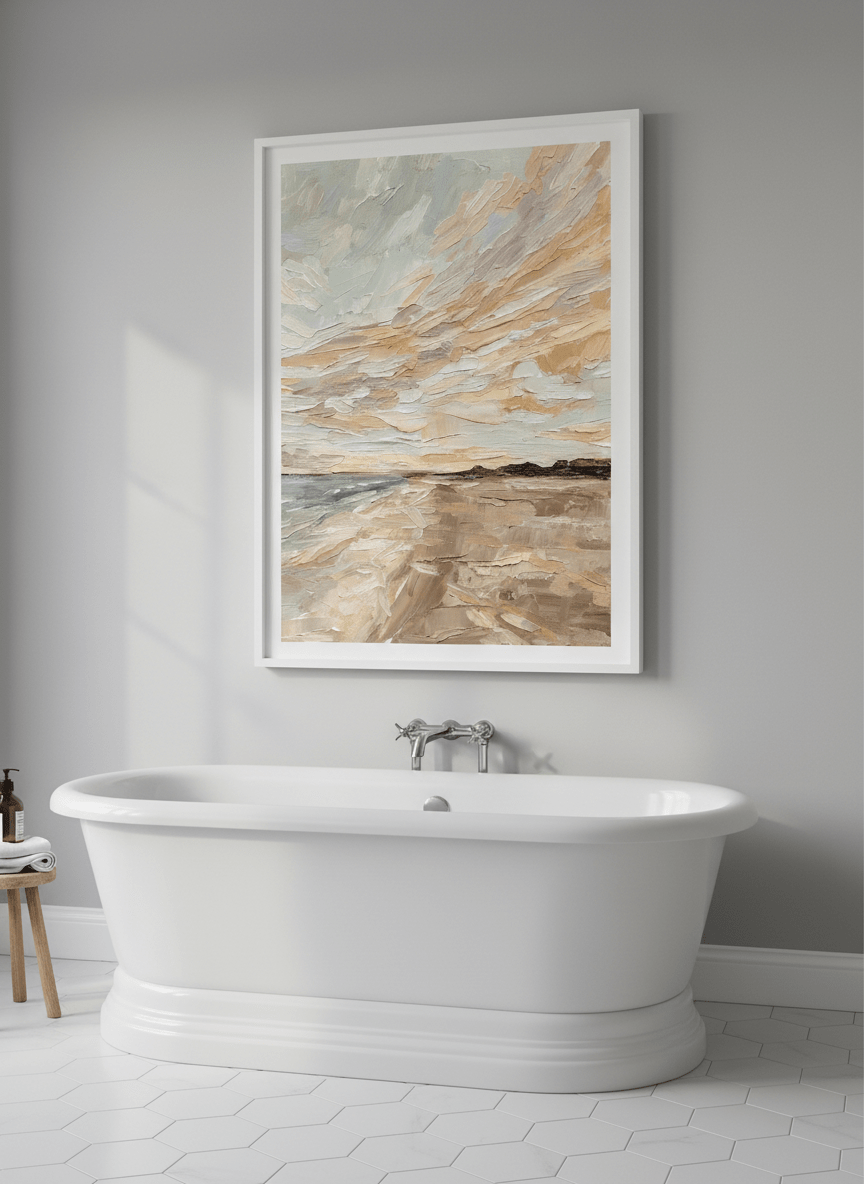 Modern print displayed in a clean minimalist bathroom setting
