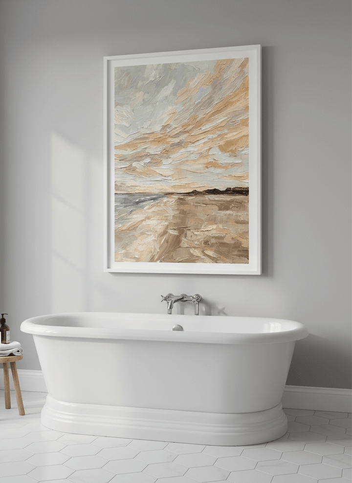 Modern print displayed in a clean minimalist bathroom setting