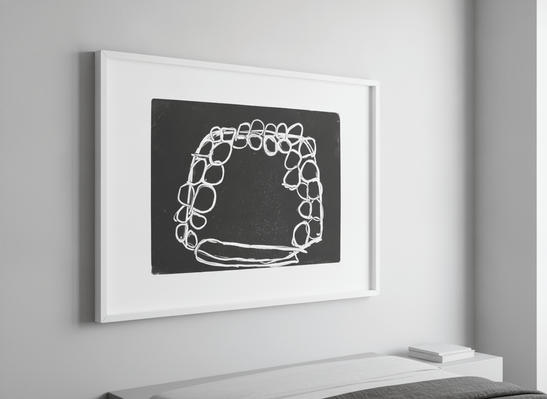 Minimalist artwork displayed in a calm, light-filled bedroom interior