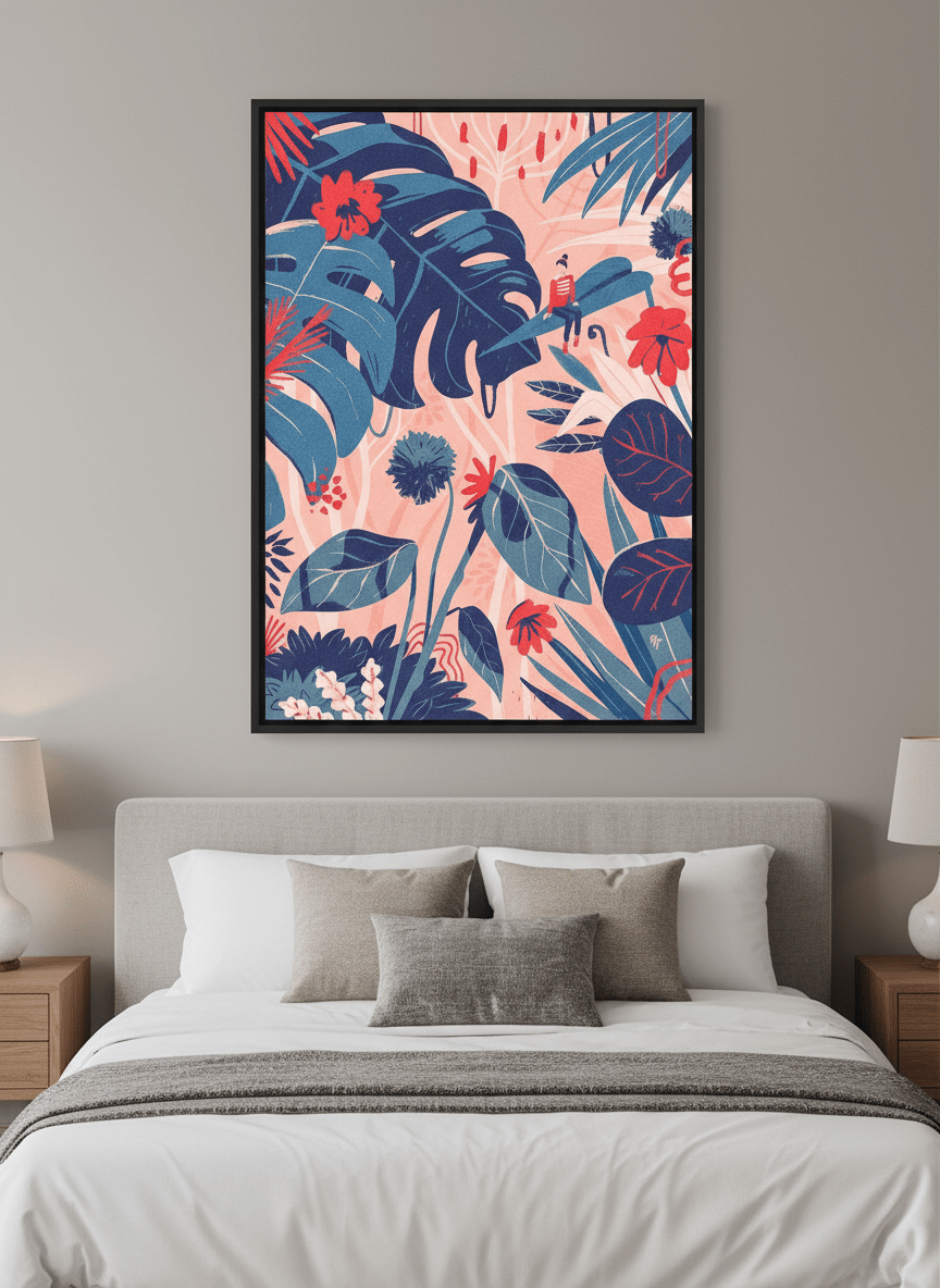 Minimalist artwork displayed in a calm, light-filled bedroom interior