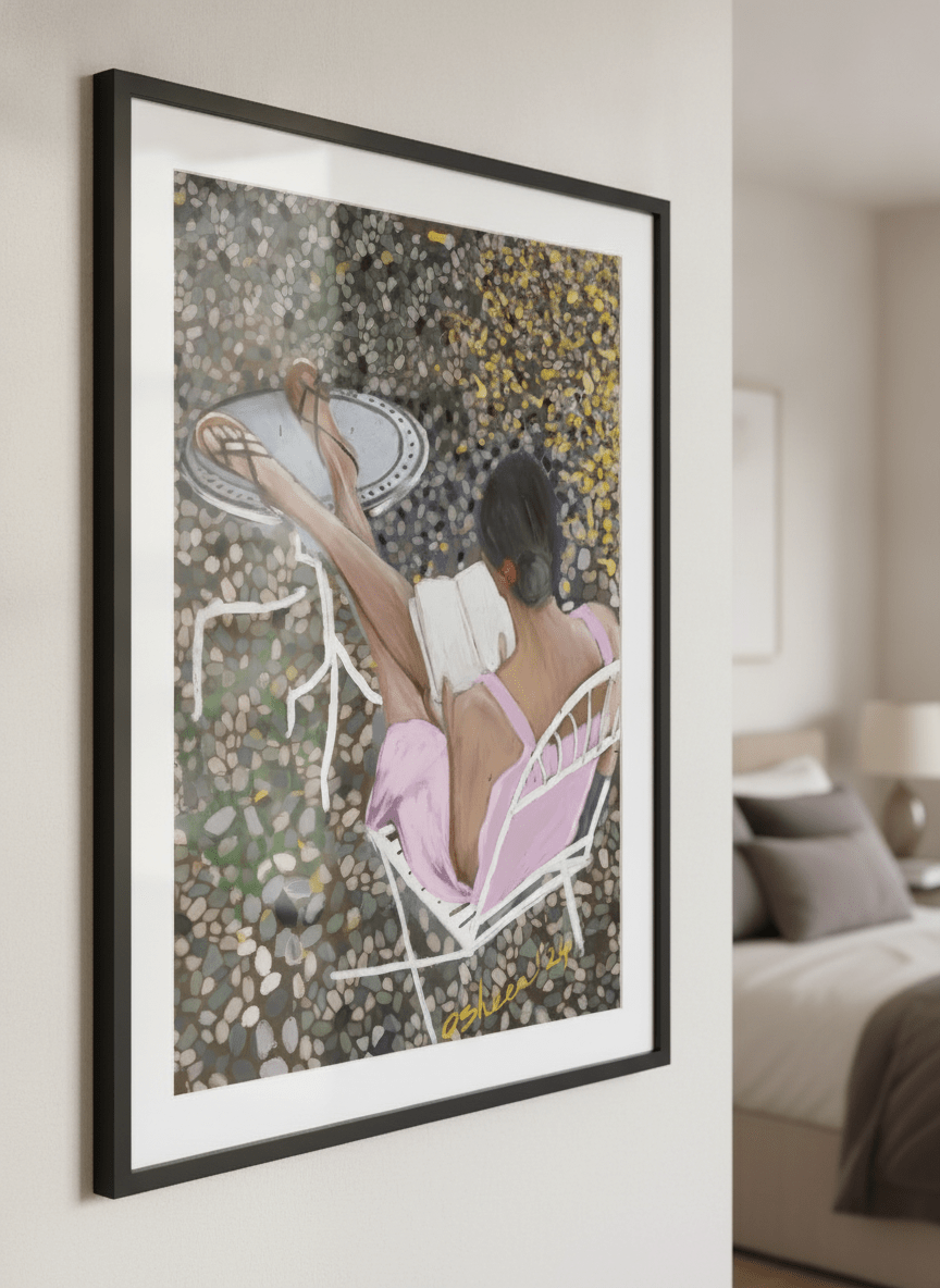 Minimalist artwork displayed in a calm, light-filled bedroom interior
