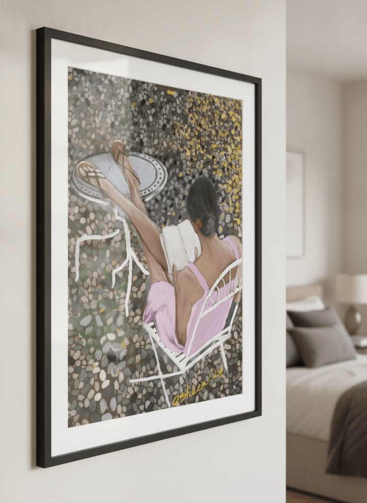 Minimalist artwork displayed in a calm, light-filled bedroom interior
