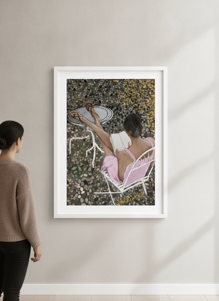Person showcasing the artwork against a clean modern interior wall