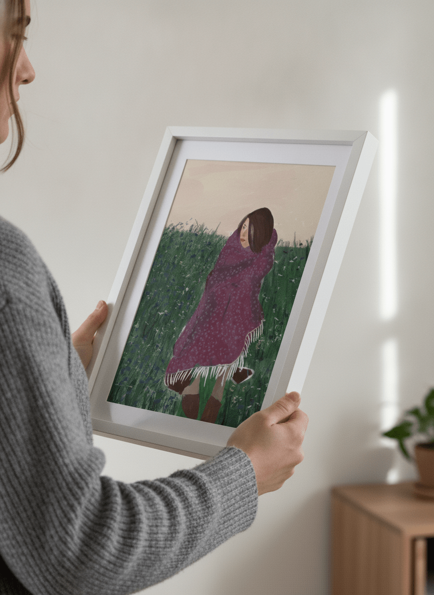 Person showcasing the artwork against a clean modern interior wall