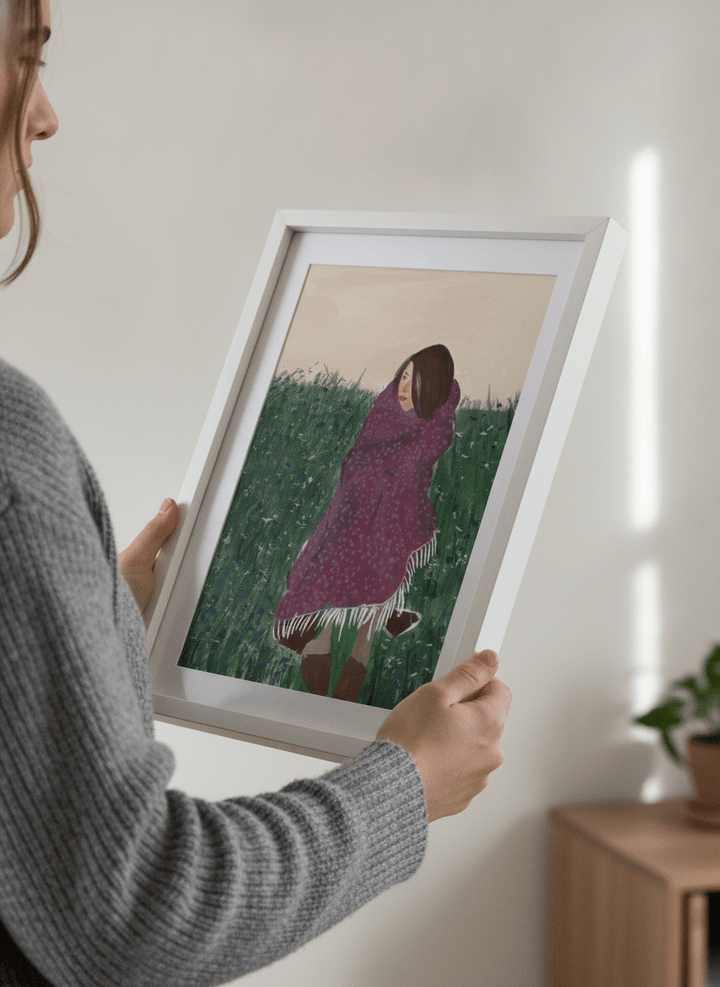 Person showcasing the artwork against a clean modern interior wall