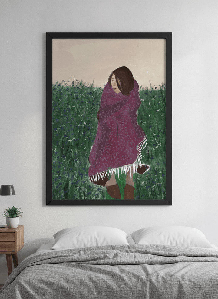 Minimalist artwork displayed in a calm, light-filled bedroom interior