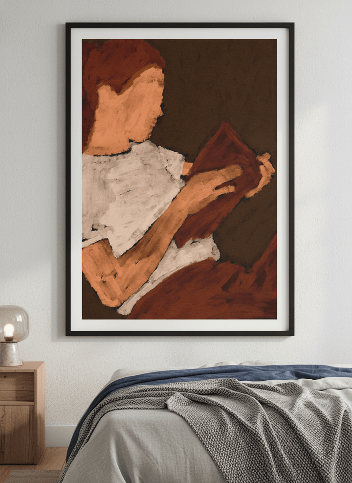 Minimalist artwork displayed in a calm, light-filled bedroom interior
