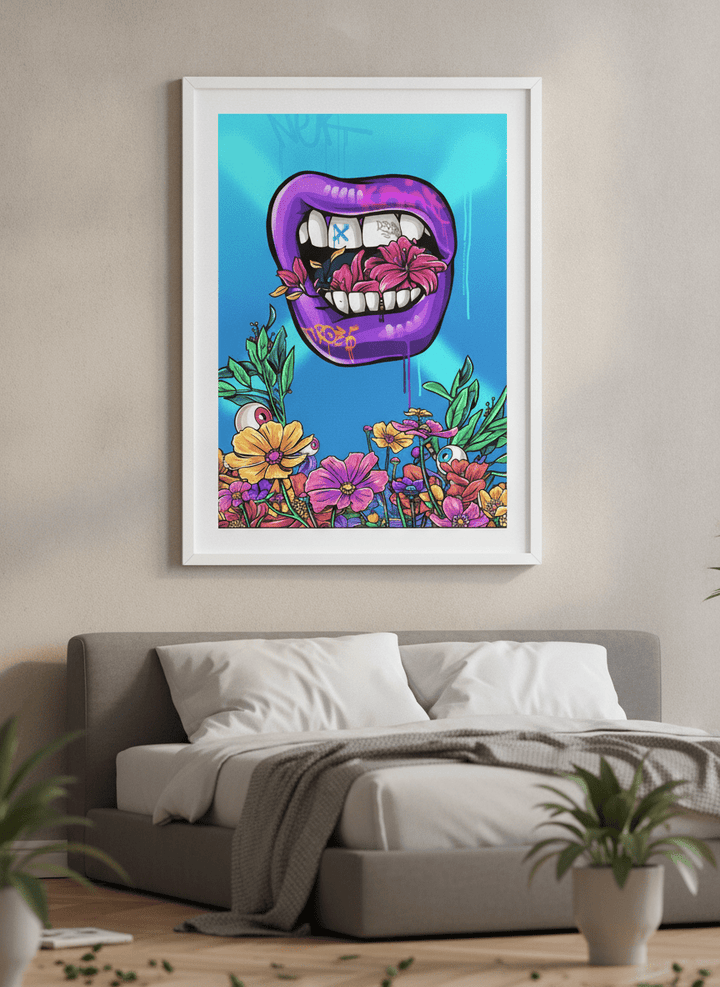 Minimalist artwork displayed in a calm, light-filled bedroom interior