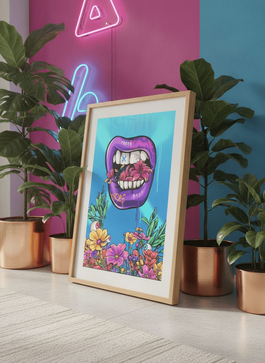 Bold wall art styled in a colourful, eclectic modern home
