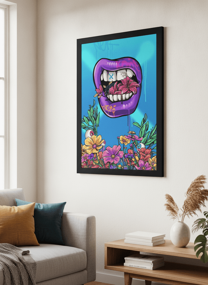 Modern wall art styled above a sofa in a neutral living room