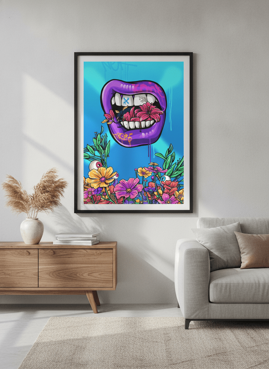 Modern wall art styled above a sofa in a neutral living room