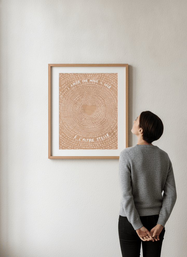 Person showcasing the artwork against a clean modern interior wall
