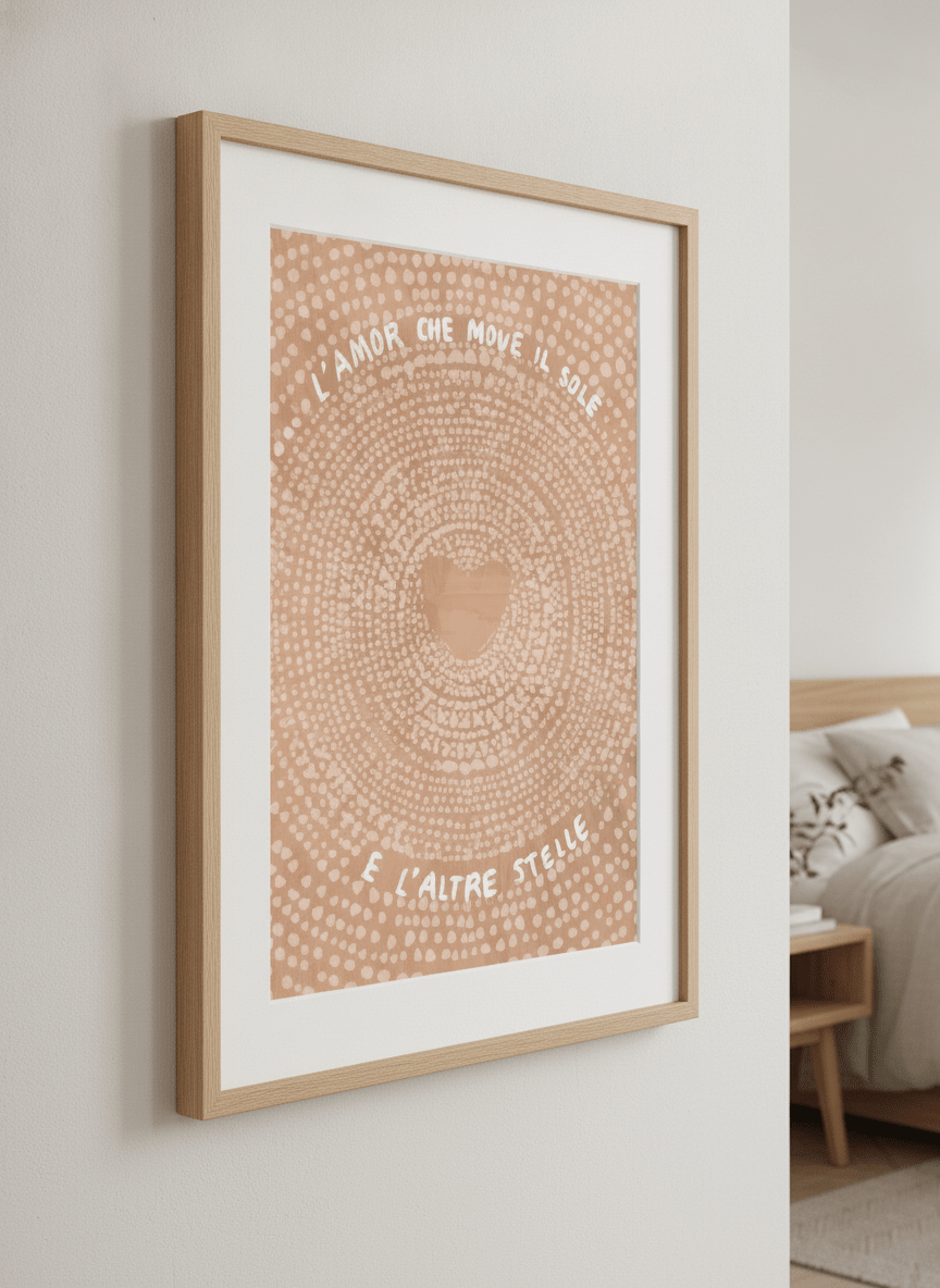 Minimalist artwork displayed in a calm, light-filled bedroom interior
