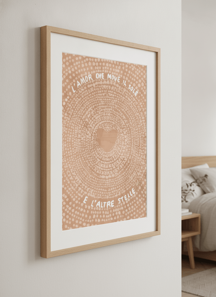 Minimalist artwork displayed in a calm, light-filled bedroom interior