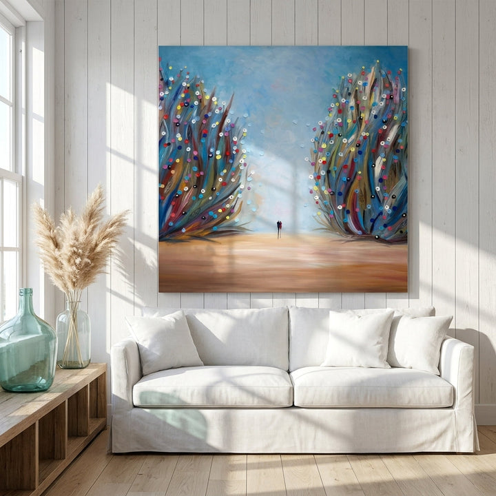 Stretched canvas wall art styled on the wall in a coastal living room