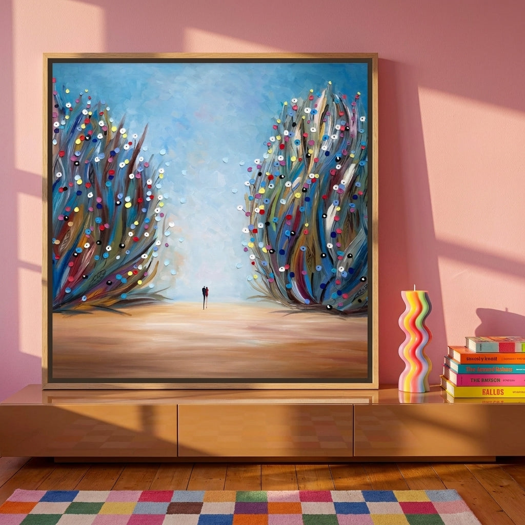 Canvas wall art with a natural timber surround standing on a sideboard in a colourful eclectic bedroom
