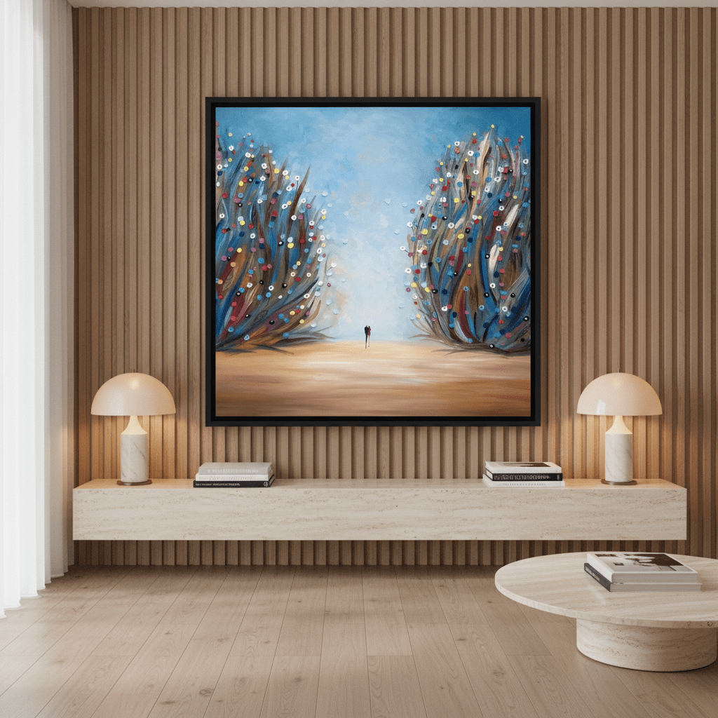 Oversized statement canvas wall art with a black surround styled on the wall in a luxe living room
