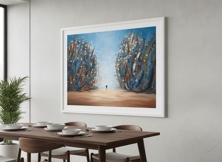 Wall art styled above a dining table in a contemporary home