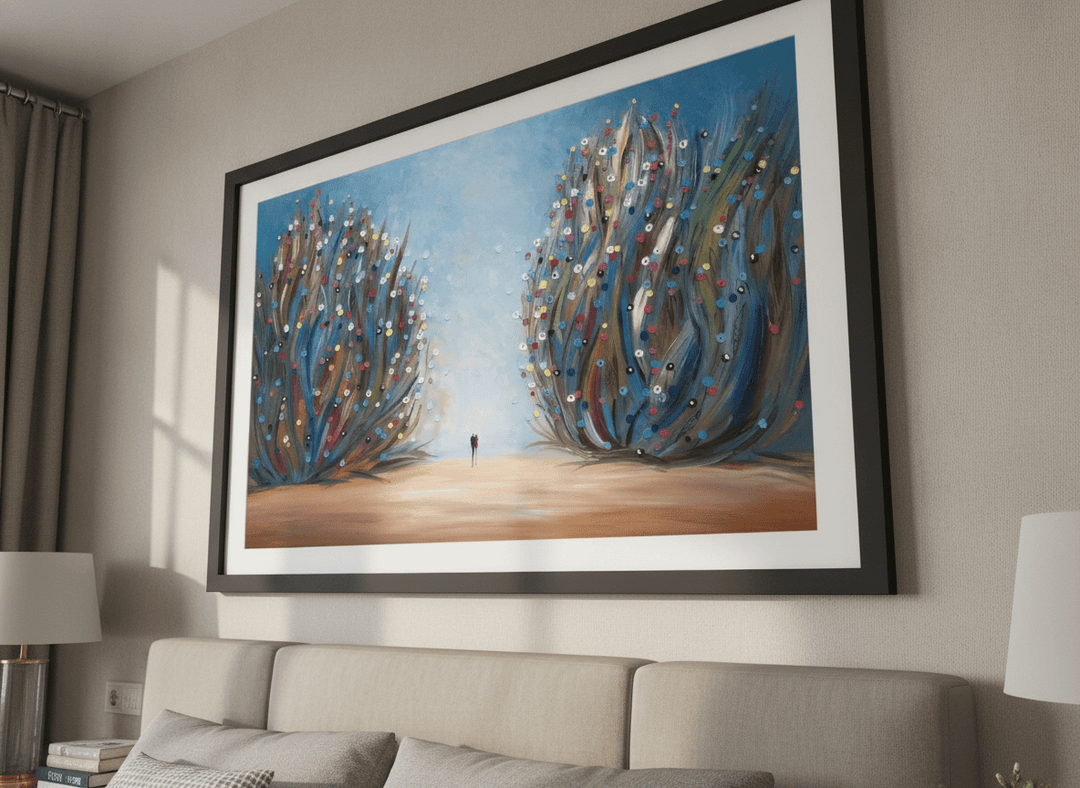 Minimalist artwork displayed in a calm, light-filled bedroom interior