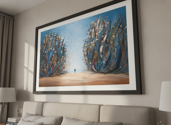 Minimalist artwork displayed in a calm, light-filled bedroom interior