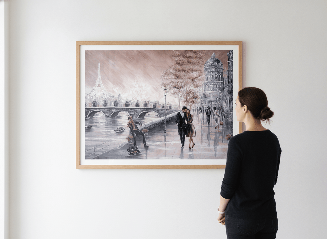 Person showcasing the artwork against a clean modern interior wall